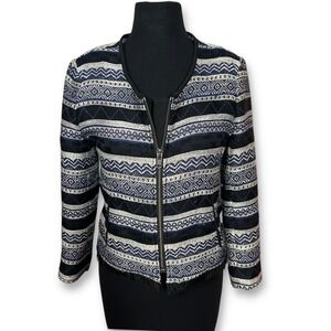 Ann Taylor LOFT Jacket Blazer‎ Fringe Trim Aztec Blue White Black Size Womens 4